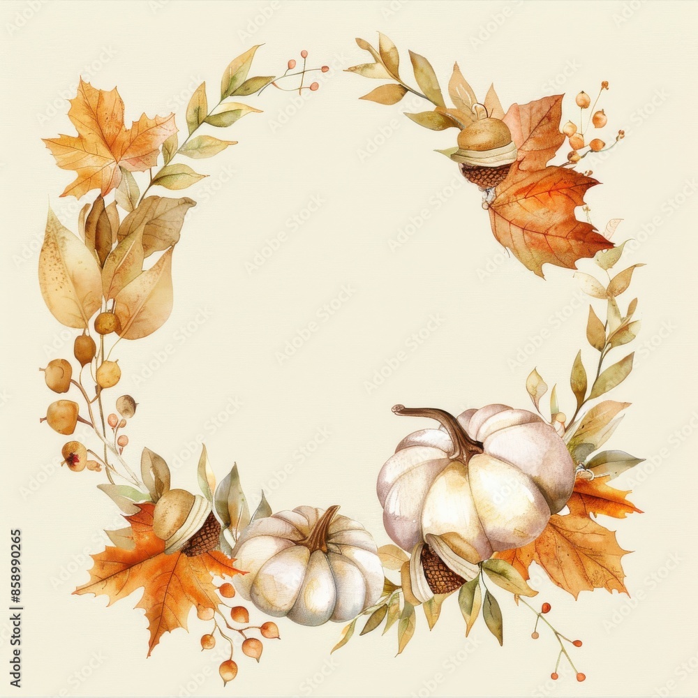 This image features a watercolor painting of an autumn wreath. The wreath is made of fall leaves, berries, acorns, and two white pumpkins. The leaves are in shades of orange, yellow, and brown. The pu This image features a watercolor painting of an autumn wreath. The wreath is made of fall leaves, berries, acorns, and two white pumpkins. The leaves are in shades of orange, yellow, and brown. The pu