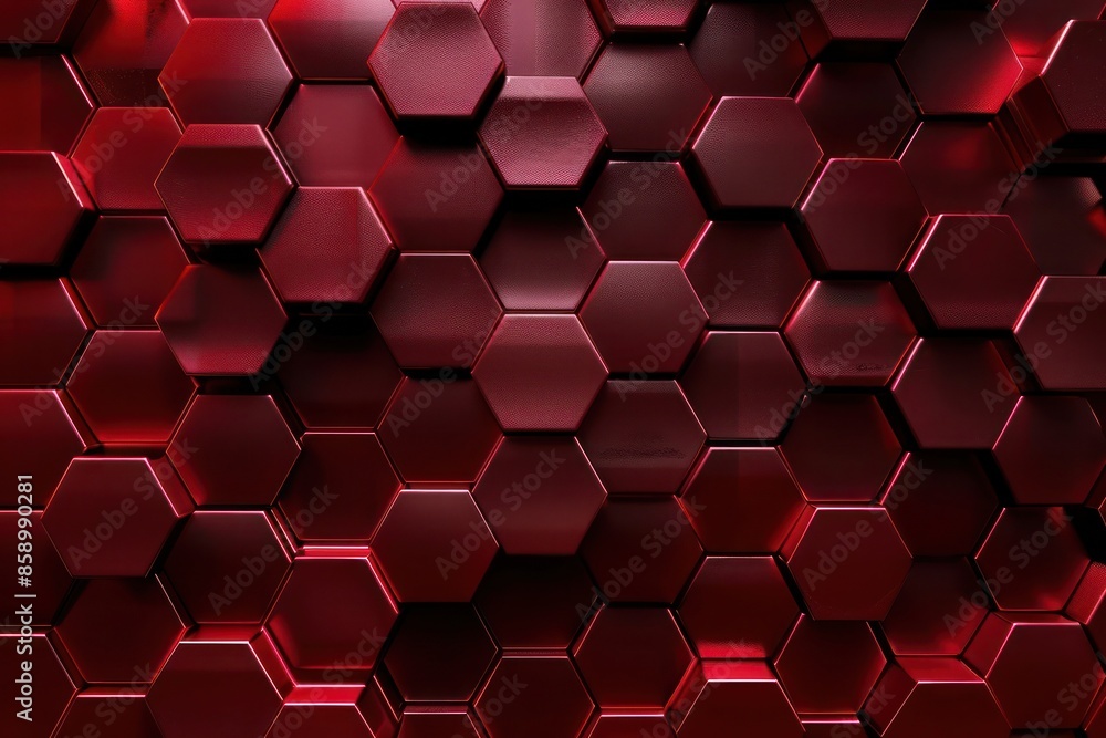 : Abstract Background, 3D hexagonal grid pattern in dark red hues, with a glossy finish and subtle lighting effects, giving a rich and luxurious feel. : Abstract Background, 3D hexagonal grid pattern in dark red hues, with a glossy finish and subtle lighting effects, giving a rich and luxurious feel.