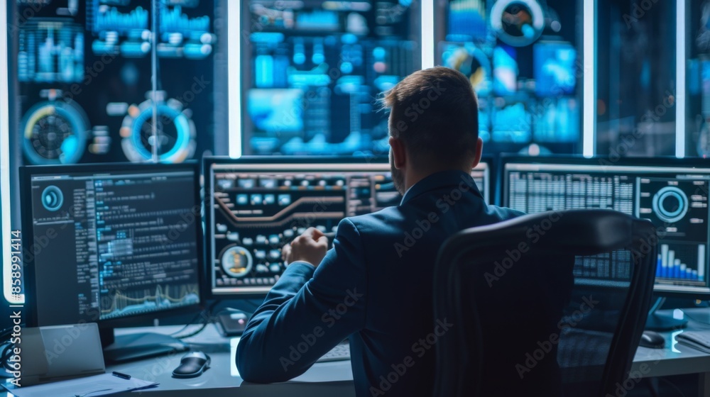 A business professional monitoring multiple screens displaying data analytics and security metrics in a high-tech control room. A business professional monitoring multiple screens displaying data analytics and security metrics in a high-tech control room.