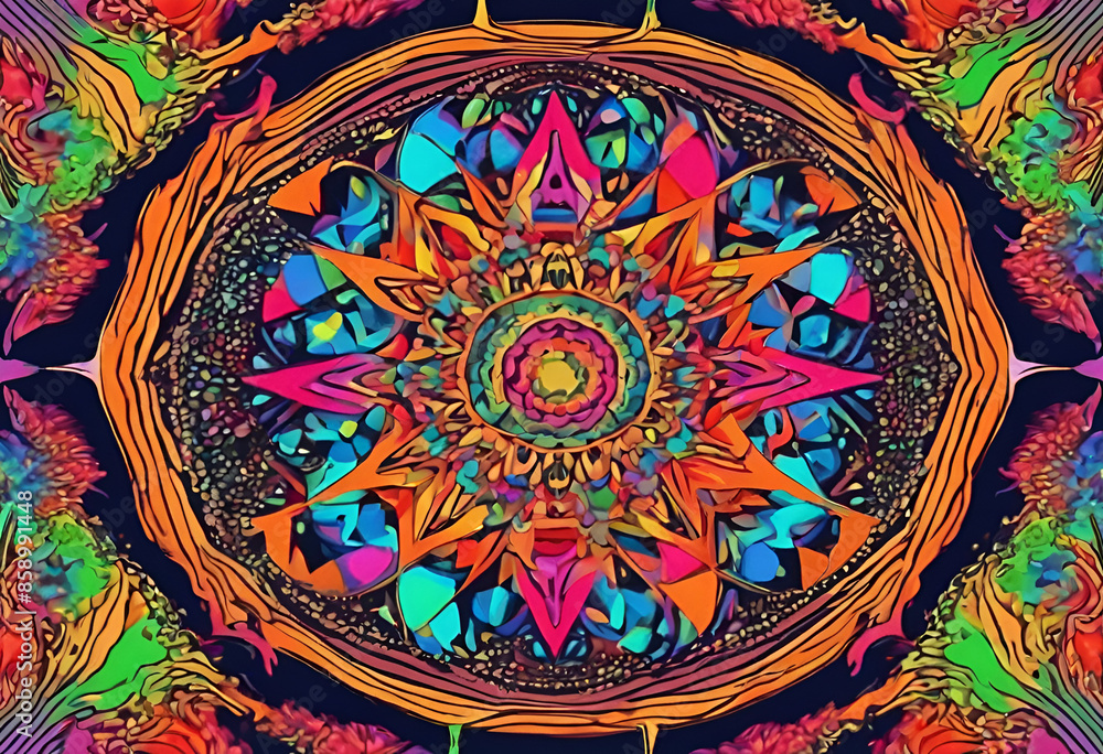 Fototapeta premium Psychedelic mandala of patterns and shapes, kaleidoscopic, trippy, detailed, abstract art