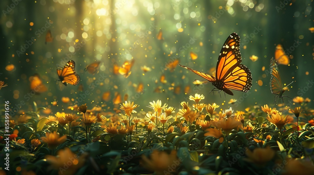A field of yellow flowers with butterflies flying around A field of yellow flowers with butterflies flying around