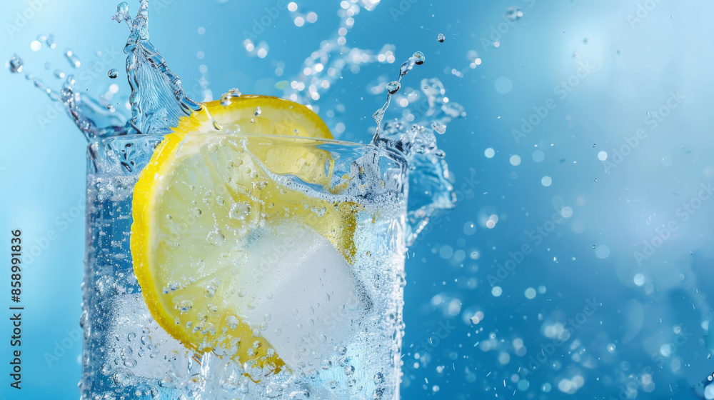 A refreshing splash of water with a lemon slice and ice cubes, set against a vibrant blue background, capturing the essence of coolness and refreshment. A refreshing splash of water with a lemon slice and ice cubes, set against a vibrant blue background, capturing the essence of coolness and refreshment.