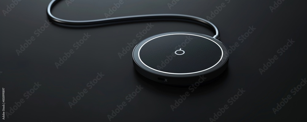 A branded wireless charger with a sleek design and logo, set on a solid black background, leaving room for branding elements.