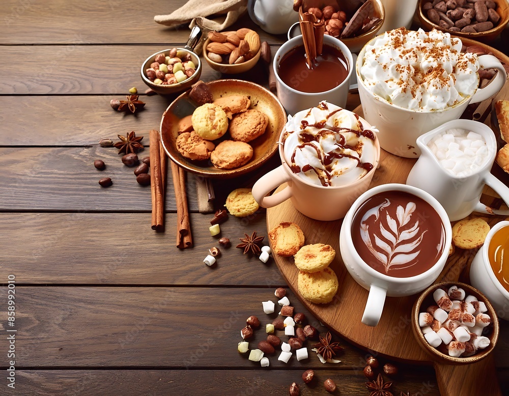 A decadent hot chocolate bar featuring mugs of rich hot chocolate topped with whipped cream A decadent hot chocolate bar featuring mugs of rich hot chocolate topped with whipped cream