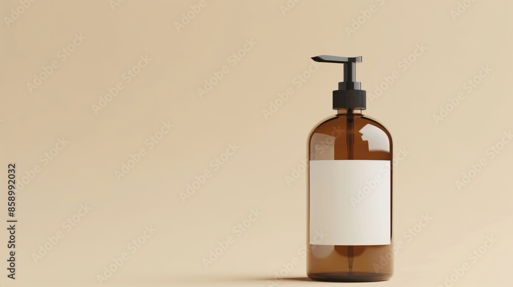 Minimalist scene featuring an amber glass bottle with a black pump dispenser Minimalist scene featuring an amber glass bottle with a black pump dispenser