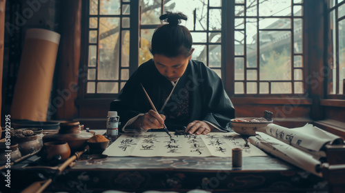 Person engaged in traditional calligraphy, seated in an artistic, culturally rich room with natural light streaming through the windows. photo