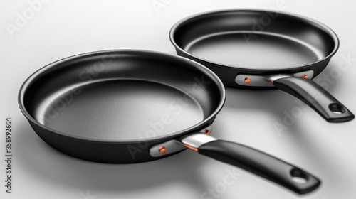 Two frying pans with non-stick coating on white background