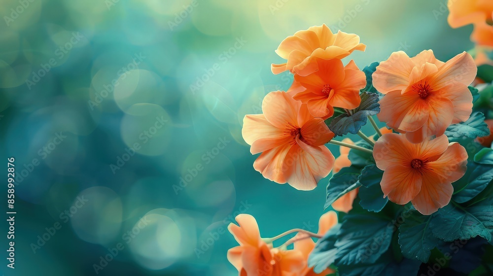 Orange flowers on blurred background. Orange and teal colors. Nature background copy space concept. Begonia flowers. Orange flowers on blurred background. Orange and teal colors. Nature background copy space concept. Begonia flowers.
