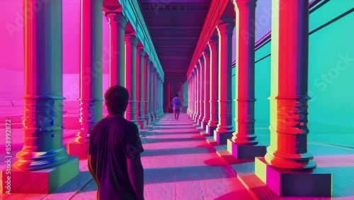 Pushing down a hallway in Anaglyph 3D style with a person in silhouette.