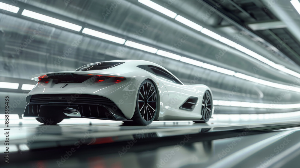 Fototapeta premium A sleek, high-performance white sports car captures the eye as it zooms through a tunnel with dynamic lighting.