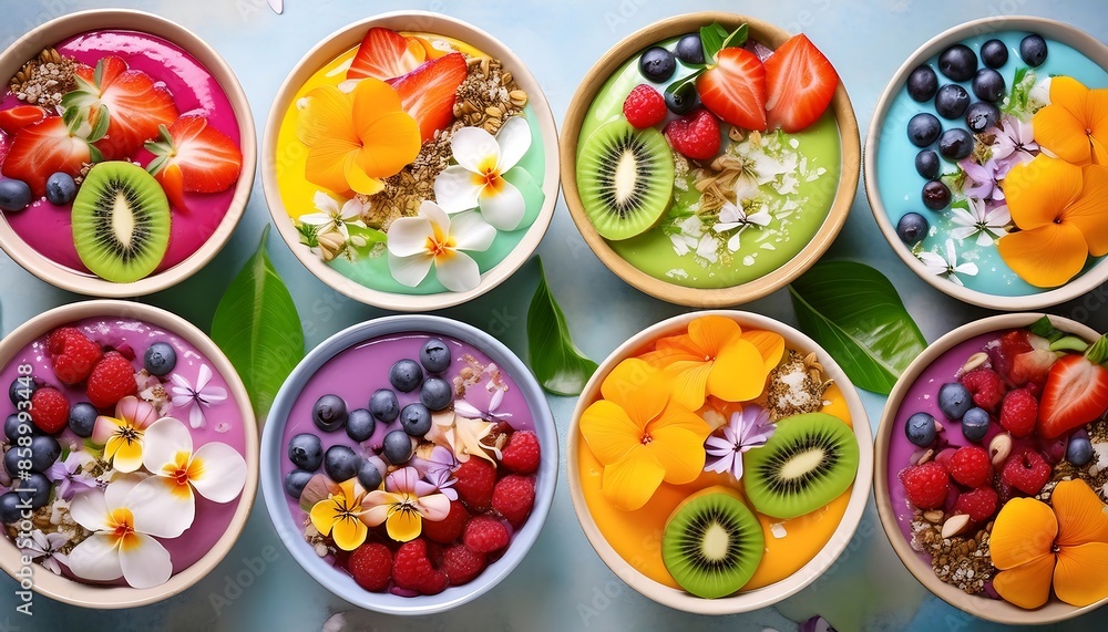 colorful smoothie bowl topped with an artistic arrangement of fresh fruits, acai blow colorful smoothie bowl topped with an artistic arrangement of fresh fruits, acai blow