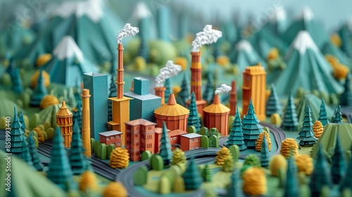 Vibrant papercraft landscape depicting the vibrant synergy between a city and its industrial complexes. Illustration, Minimalism,