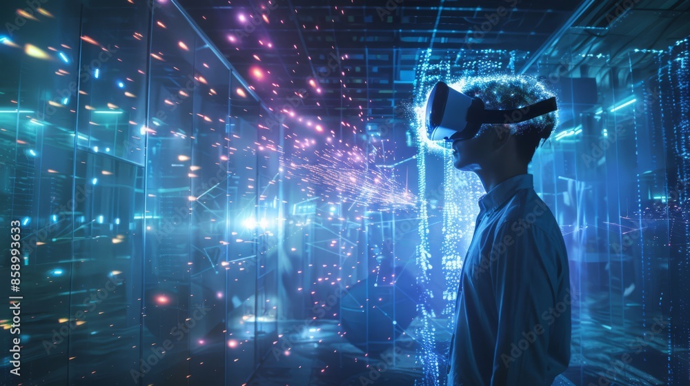 Man wearing a VR headset, engaging with dynamic and colorful data streams. The scene is illuminated with vibrant blue and pink lights, representing futuristic technology Man wearing a VR headset, engaging with dynamic and colorful data streams. The scene is illuminated with vibrant blue and pink lights, representing futuristic technology