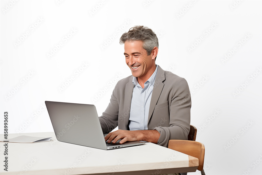 Middle aged man over isolated white background working with a laptop Middle aged man over isolated white background working with a laptop