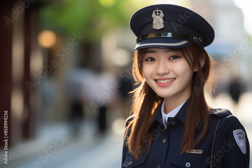 Teen pretty Japanese girl at outdoors with police uniform © luismolinero