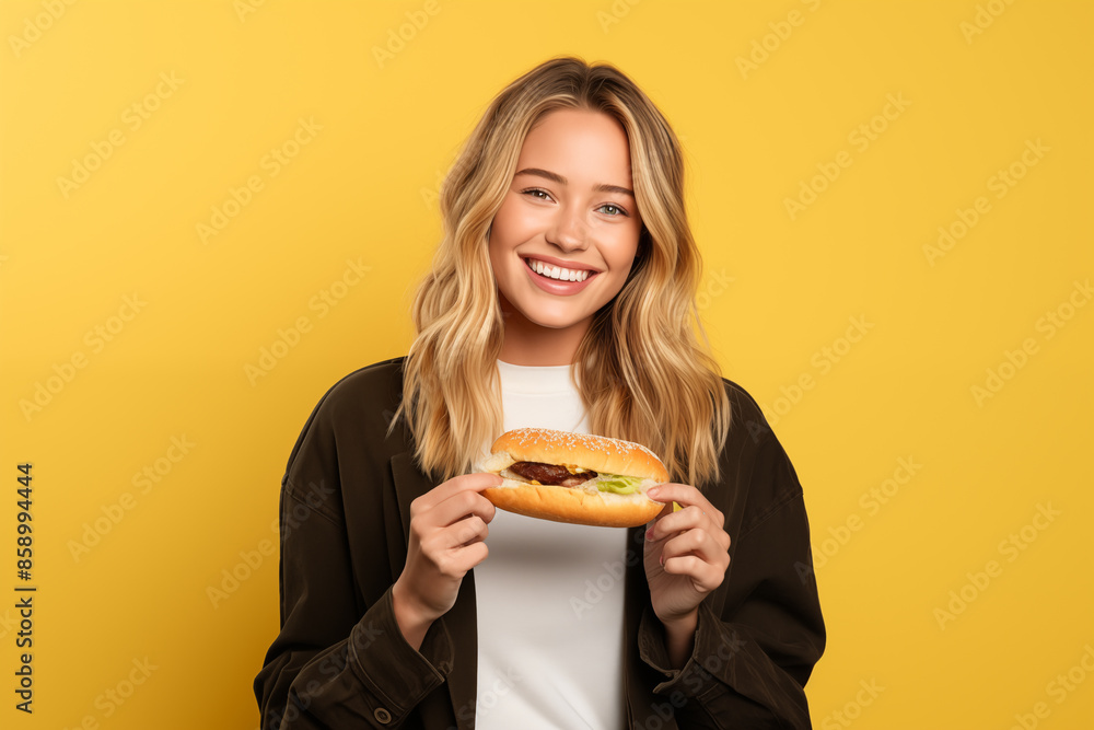 Young pretty blonde girl over isolated colorful background holding a sandwich Young pretty blonde girl over isolated colorful background holding a sandwich