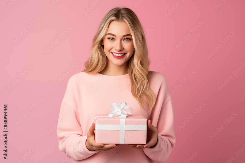 Young pretty blonde girl over isolated colorful background holding a gift Young pretty blonde girl over isolated colorful background holding a gift