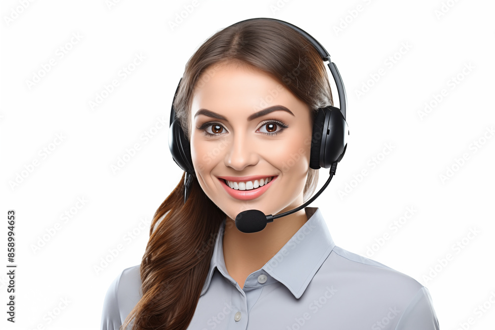 Young pretty brunette girl over isolated white background with telemarketer headset Young pretty brunette girl over isolated white background with telemarketer headset