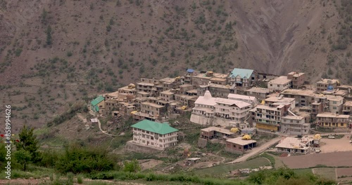 Trilokinath village and temple Garsha Phagpa on left bank of the Chenab River village of Udaipur in the Lahul and Spiti District of Himachal Pradesh, India. photo