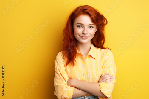Young pretty Redhead girl over colorful background © luismolinero