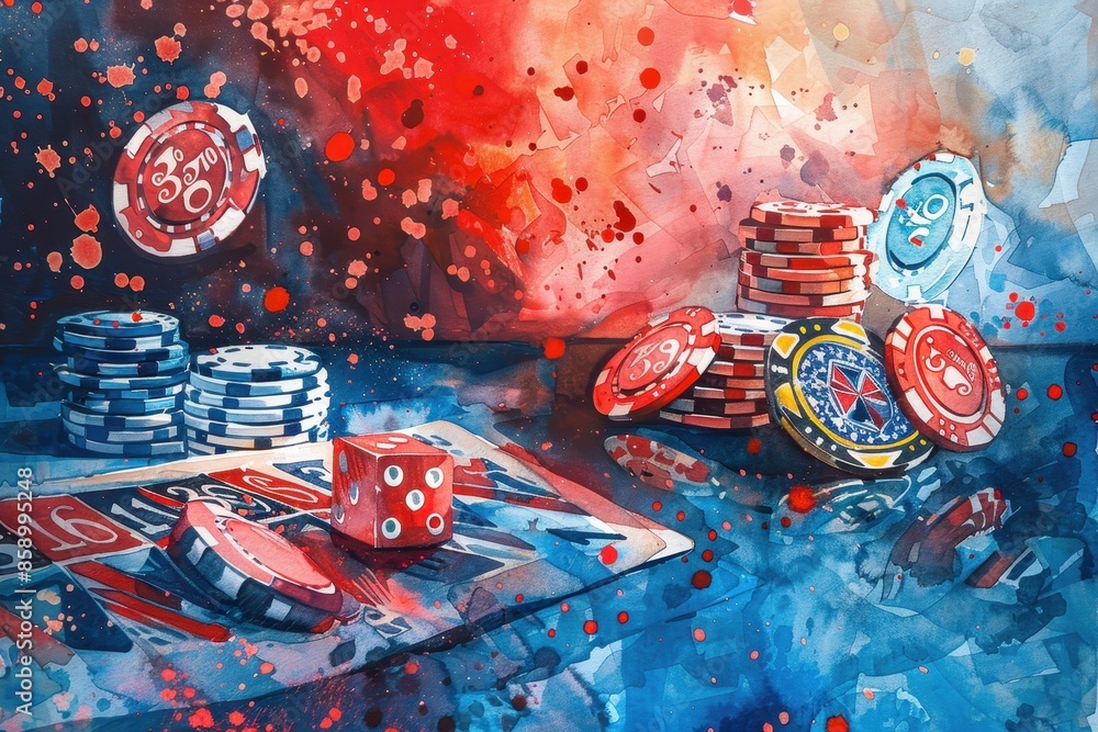 Fototapeta premium Watercolor Painting of Casino Chips and a Dice