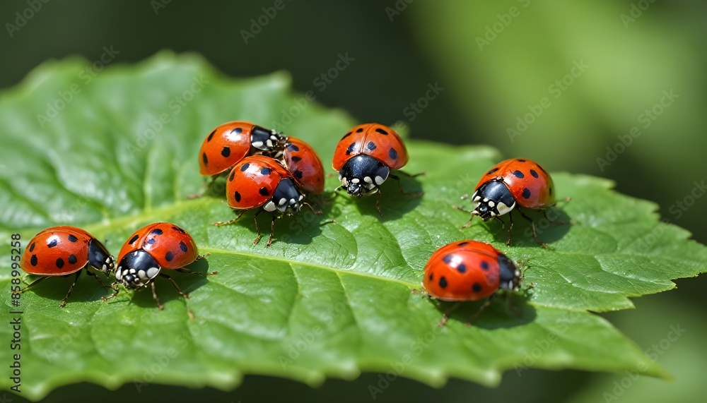 Cluster of Red Ladybugs on Sunlit Garden Leaf Cluster of Red Ladybugs on Sunlit Garden Leaf