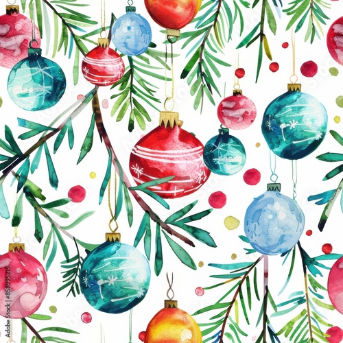 This image features a watercolor painting of Christmas ornaments hanging on pine tree branches. The ornaments are painted in shades of red, blue, and green, and they are surrounded by green pine needl photo