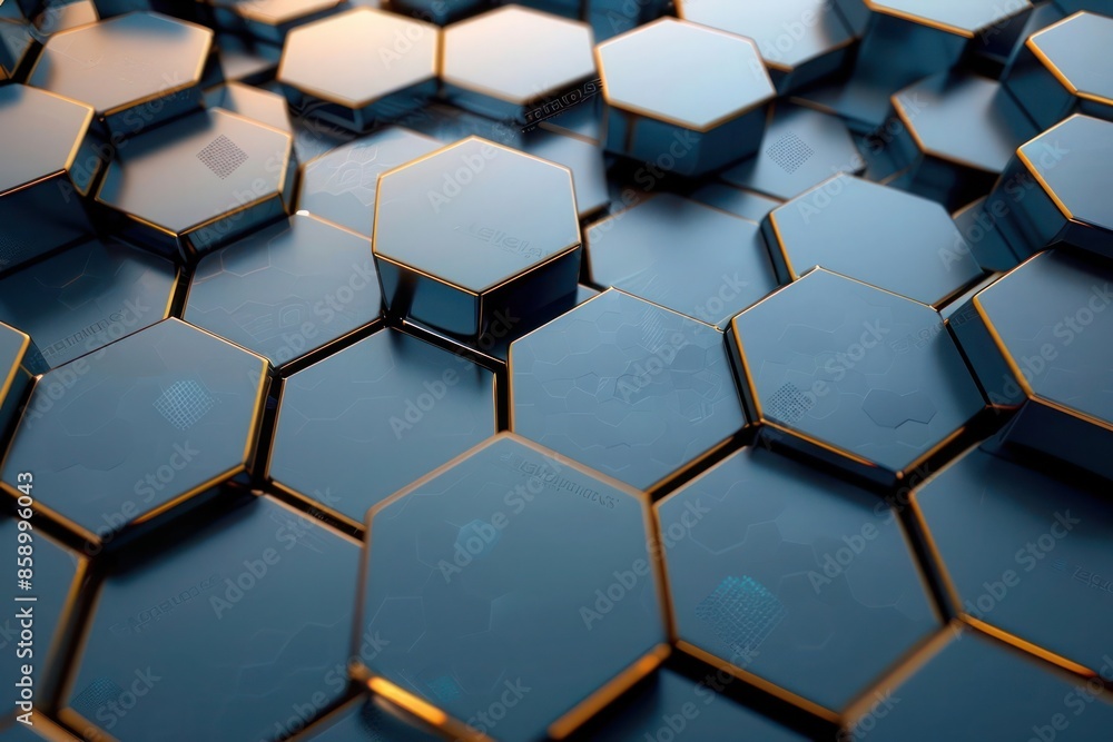 Abstract Background, an elegant 3D design featuring hexagonal grids in rich blue and gold colors, creating a sophisticated visual landscape Abstract Background, an elegant 3D design featuring hexagonal grids in rich blue and gold colors, creating a sophisticated visual landscape