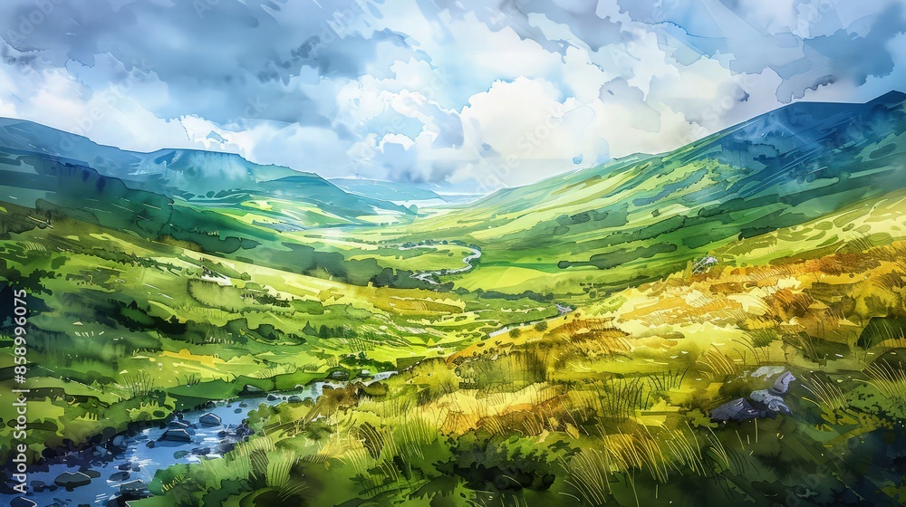 Naklejka premium realistic watercolor style painting of Irish landscape, rolling hills, green valleys, stream running through, less saturated with color.
