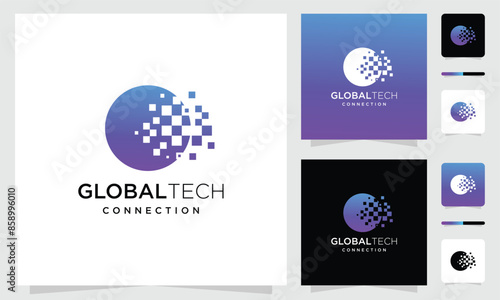 Pixel global technology inspirational logo design. digital creative global idea icon.	
