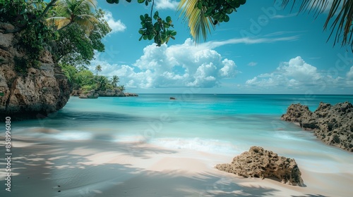 Stunning long exposure shot of a Caribbean beachscape, captured with a Sony A6400 and 21mm lens, hyperrealistic with perfect composition, ambient light illuminating the serene sea photo