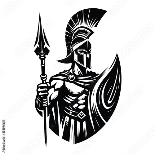 spartan warrior mascot logo with shield and sword in black and white