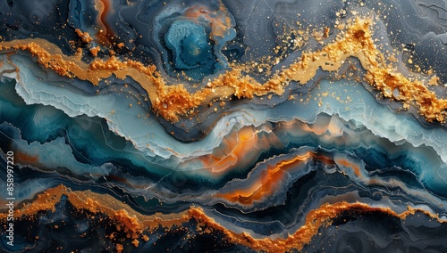 Explore stunning abstract geode art with blue and copper elements in a mesmerizing composition
