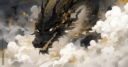 a dragon in a dark background with smoke. photo