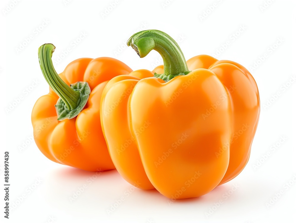 Orange bell pepper lying flat isolated on white, glossy and bright Orange bell pepper lying flat isolated on white, glossy and bright
