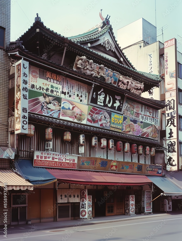 Kabuki Theatre Exterior The exterior of a historic Kabuki theater, with traditional architectural elements and colorful banners advertising the show Kabuki Theatre Exterior The exterior of a historic Kabuki theater, with traditional architectural elements and colorful banners advertising the show