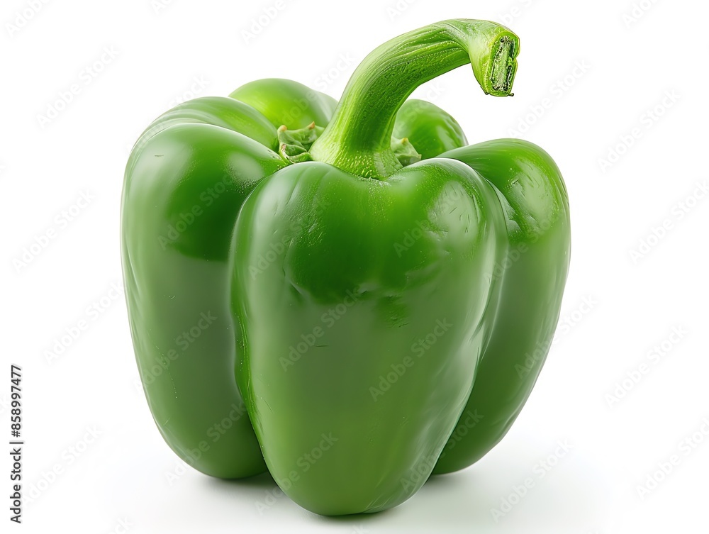 Single green bell pepper isolated on white background, detailed texture and fresh look Single green bell pepper isolated on white background, detailed texture and fresh look