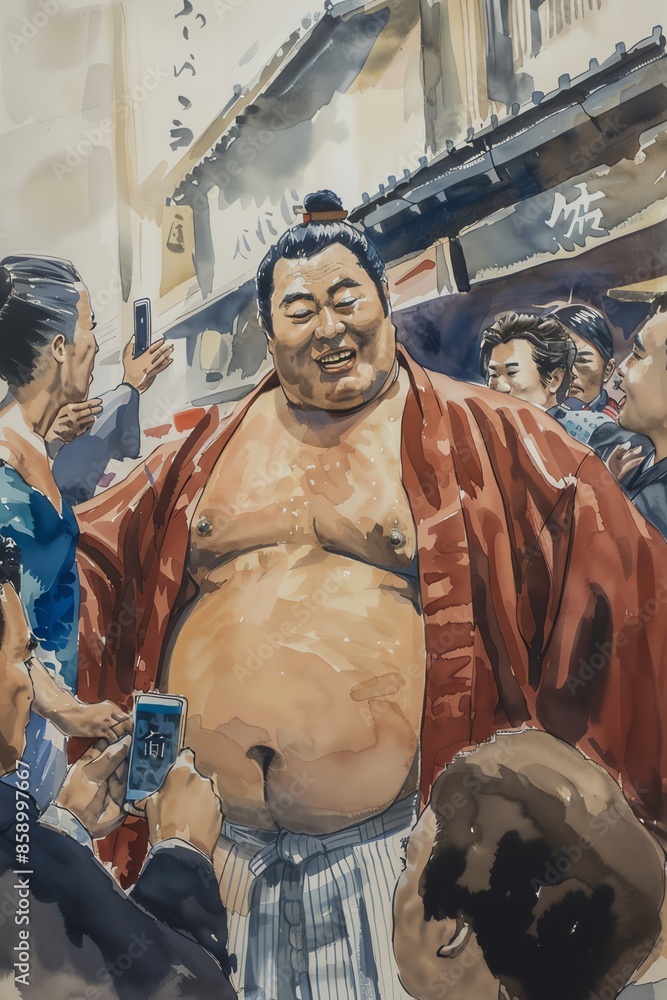 Naklejka premium Sumo and Fans A sumo wrestler interacting with fans, signing autographs, and taking photos, showcasing the popularity of the sport