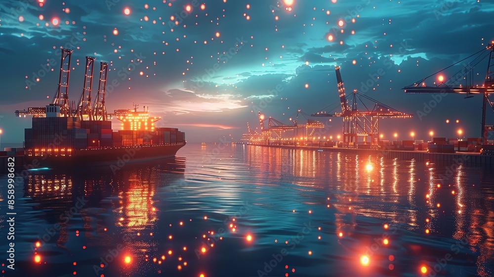 A night scene at a busy port with ships and cranes illuminated by lights, specks of light suggesting the magic of nighttime operations and the scale of commerce. A night scene at a busy port with ships and cranes illuminated by lights, specks of light suggesting the magic of nighttime operations and the scale of commerce.