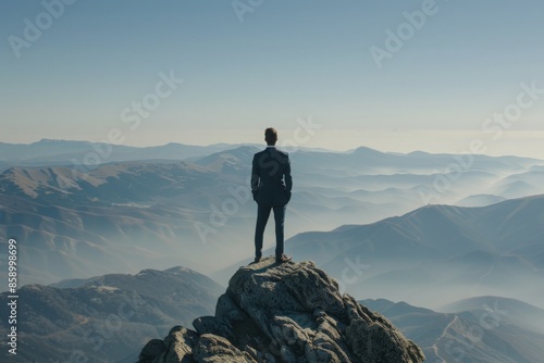 Businessman standing on a mountain peak looking at the horizon, representing vision, ambition, and the pursuit of long-term business goals 