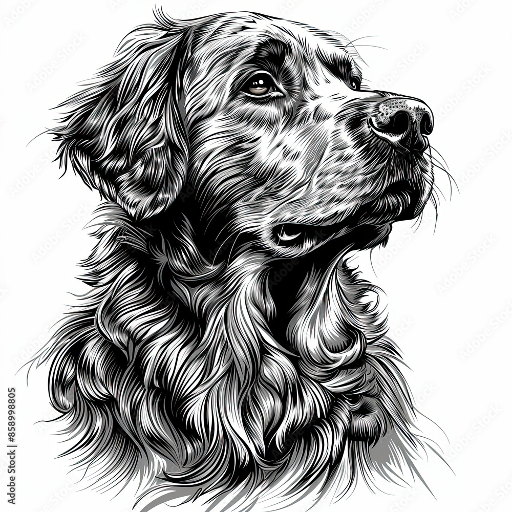 A black and white drawing of a golden retriever dog A black and white drawing of a golden retriever dog