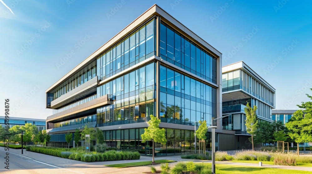 Commercial office building exterior with modern architecture, glass facades, and landscaped surroundings, illustrating a professional and attractive corporate headquarters Commercial office building exterior with modern architecture, glass facades, and landscaped surroundings, illustrating a professional and attractive corporate headquarters