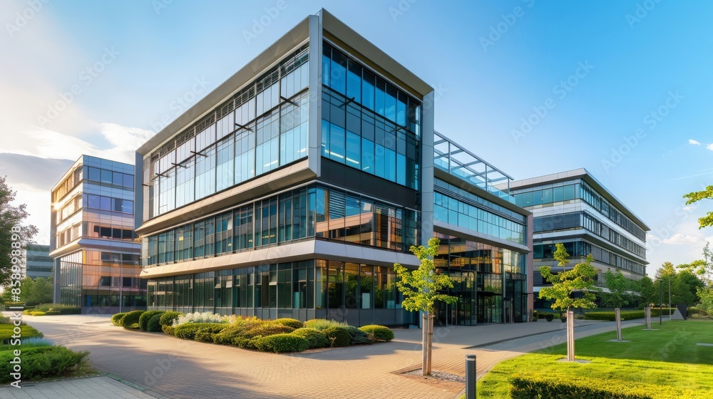 Commercial office building exterior with modern architecture, glass facades, and landscaped surroundings, illustrating a professional and attractive corporate headquarters Commercial office building exterior with modern architecture, glass facades, and landscaped surroundings, illustrating a professional and attractive corporate headquarters