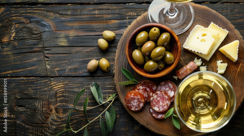 Appetizer of olives cheese and sausage on wooden board with white wine Overhead view with space for text Appetizer of olives cheese and sausage on wooden board with white wine Overhead view with space for text