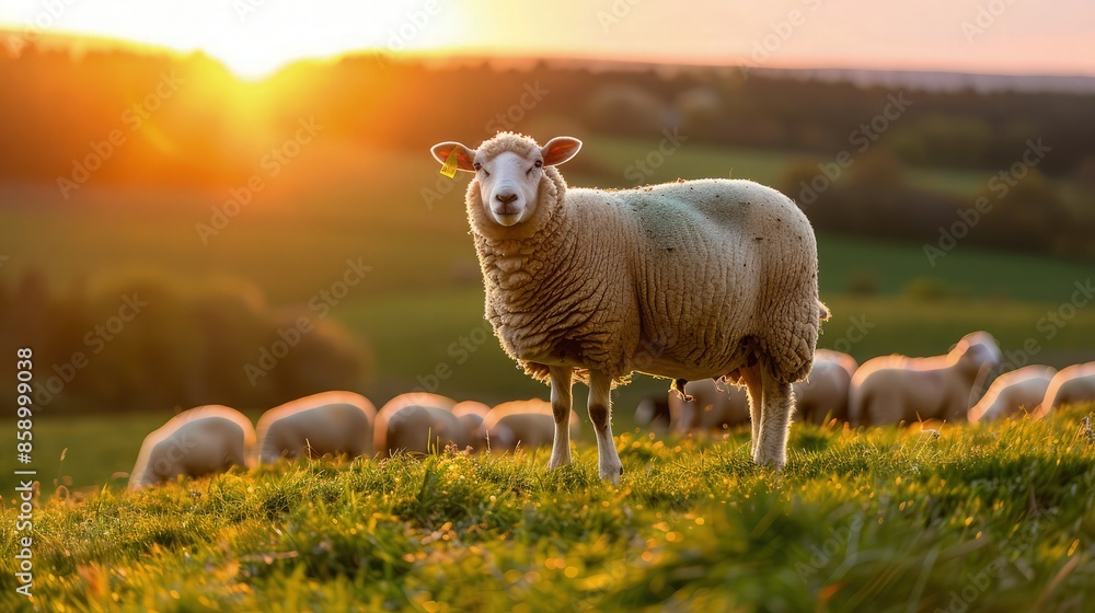 Obraz premium Sheeps in a meadow on green grass at sunset. Portrait of sheep. Flock of sheep grazing in a hill.