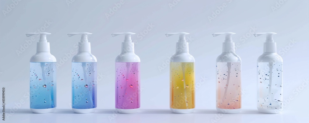 A set of branded hand sanitizer bottles with unique designs, arranged on a solid white background, leaving room for marketing text. A set of branded hand sanitizer bottles with unique designs, arranged on a solid white background, leaving room for marketing text.