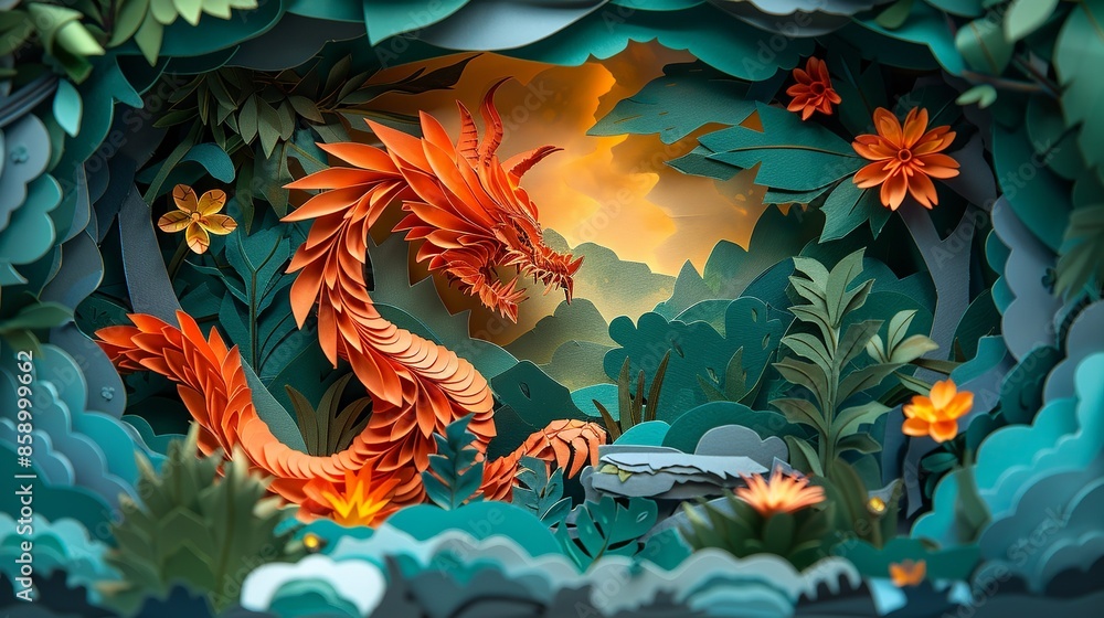 Fototapeta premium Mythical woodland discovery: intricate paper craft illustrates kids meeting gods, demons, and fierce animals. Illustration, Minimalism,