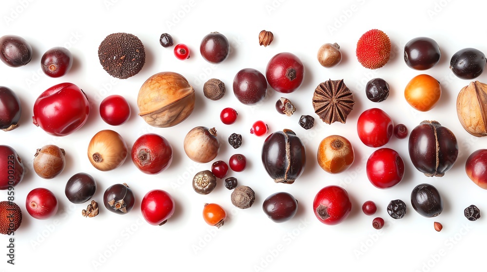 Artistic macro shot of Rutaceae seeds and fruits, isolated on a pristine white background Artistic macro shot of Rutaceae seeds and fruits, isolated on a pristine white background