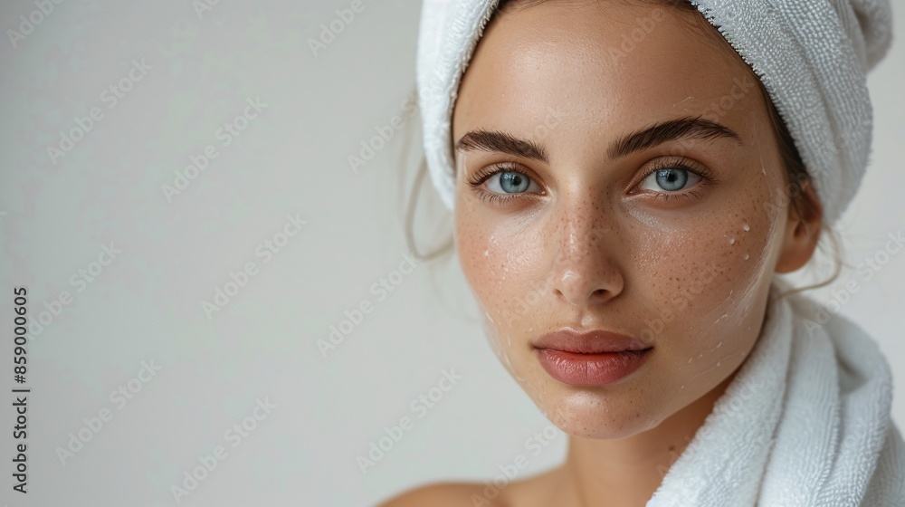 Fresh-Faced Woman with Towel Wrapped Around Hair, Natural Beauty and Skincare Concept Fresh-Faced Woman with Towel Wrapped Around Hair, Natural Beauty and Skincare Concept