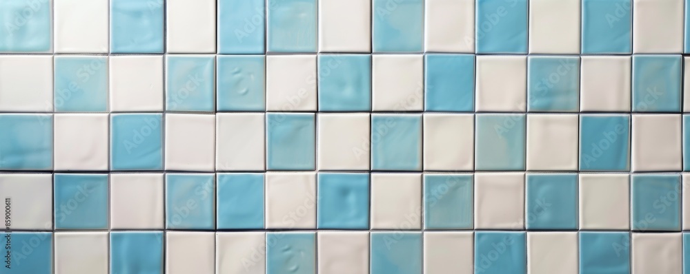 Fototapeta premium Blue and white tiled wall in a geometric pattern, modern interior design concept